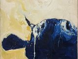an oil painting of a blue fish on a yellow background