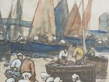 painting of a group of people sitting on a beach next to a body of water with sailboats in the background
