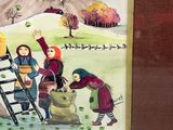 a picture of a painting of people in a field with a ladder