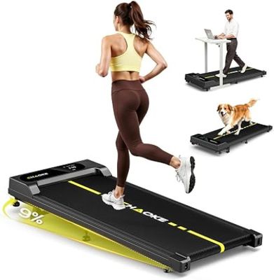 the woman is running on the treadmill with her dog