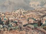 an image of a painting of a village with a church in the background