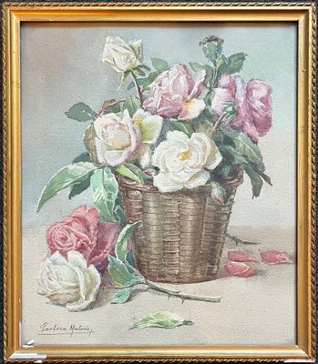 painting of roses in a basket on a table with a gold frame