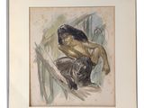 an image of a painting of a woman sitting on a surfboard