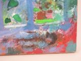 a painting on the wall of a room with a vase of flowers in it
