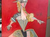 tableau représentant une dame avec un éventail sur fond rouge