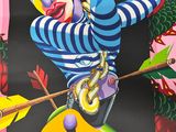 painting of a clown in a blue and white striped shirt holding a knife