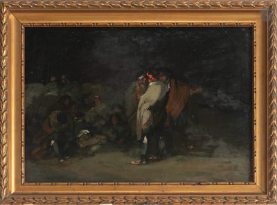 une image représentant un tableau où l'on voit un homme tenant un cheval devant un groupe de personnes
