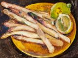 an oil painting of a plate of fish and lemons on a table