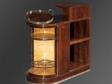 un meuble bar en bois avec un plateau en verre et des étagères