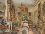 painting of a drawing of a living room with furniture and paintings on the walls