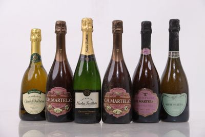 six bottles of wine are lined up in a row