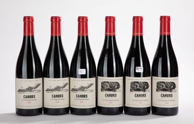six bottles of red wine are lined up on a table