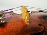 a close up of a violin with strings attached to it