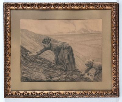 an old picture of a woman kneeling on a hill with a dog