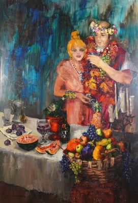 tableau représentant une femme tenant un enfant dans ses bras devant une table couverte de fruits