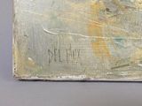 a painting on the wall of a room that has a clock on it