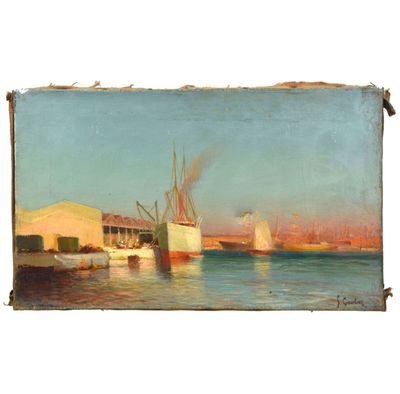 une peinture d'un bateau dans l'eau près d'un bâtiment
