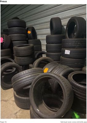 several tires stacked on top of each other in front of a garage door