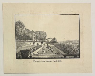 an old drawing of a farm scene with a horse drawn by a man