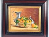 painting of oranges in a basket with a silver pitcher