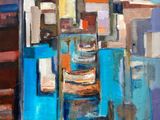 abstract painting of a boat in a harbor with buildings in the background