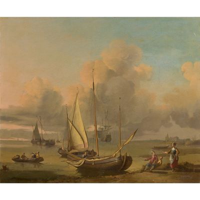 une peinture à l'huile représentant des bateaux sur l'eau et des personnes sur la rive