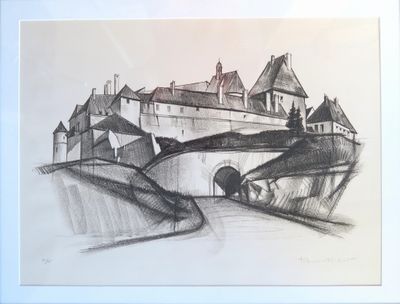 dessin au crayon représentant un château avec un pont et un cheval au premier plan
