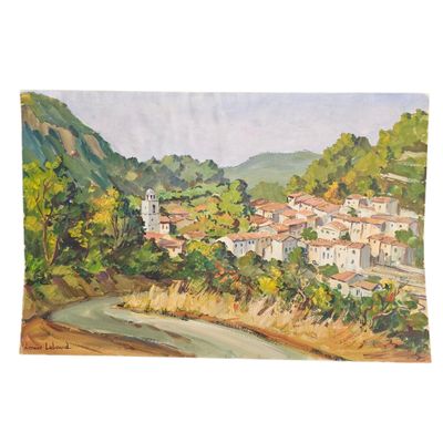 un tableau représentant un village situé sur une colline, avec une rivière au premier plan