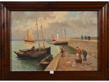 une peinture à l'huile représentant un groupe de personnes sur une jetée, avec des bateaux dans l'eau
