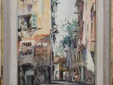 une peinture à l'huile représentant une scène de rue avec des bâtiments et des personnages