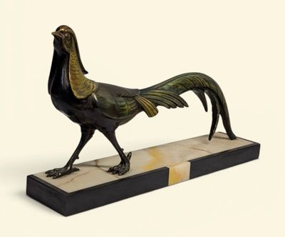 "Faisan en marche" Groupe en composition à patine polychrome…