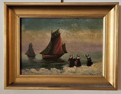 a picture of a painting of a boat on the water