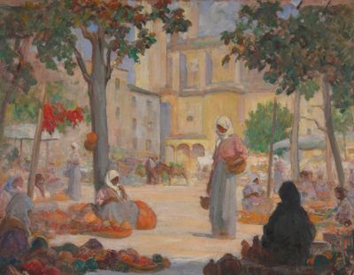tableau représentant une scène de marché avec une femme vendant des fruits et des légumes