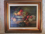 a painting of a bowl of fruit on a table