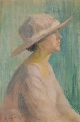 une peinture à l'huile représentant une femme coiffée d'un chapeau blanc, assise sur un banc