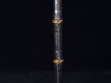 a black and gold lamp on a black background with a cord
