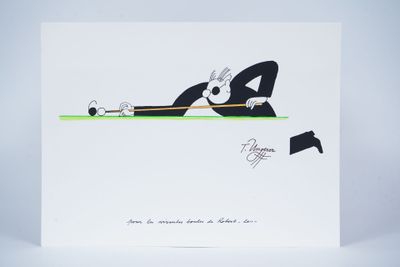 a white card with a drawing of a man laying on the ground