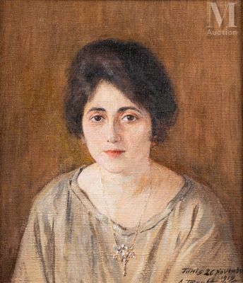 une peinture à l'huile représentant une femme portant un collier et une robe