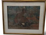 painting of a horse laying down on the ground in front of a brick wall