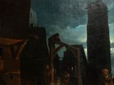 a painting of a group of people in a city at night