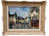 une peinture à l'huile représentant une scène de rue avec des personnes marchant dans la rue