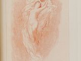 an old book with a drawing of a woman in a dress