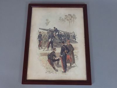 painting of a group of men standing around a cannon on a wall