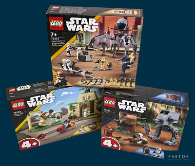 Trois coffrets Lego Star Wars sont présentés dans une boîte sur fond bleu