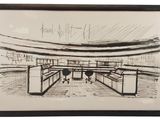 drawing of a drawing of a room with a desk and chairs