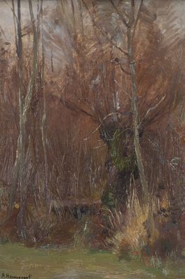 an oil painting of a wooded area with trees and a stream