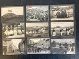 several old black and white photographs of people and animals in a town