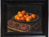 a painting of a bowl of oranges on a table