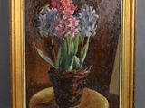 an oil painting of flowers in a pot on a plate