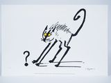dessin en noir et blanc représentant un chat aux yeux jaunes sur fond blanc
